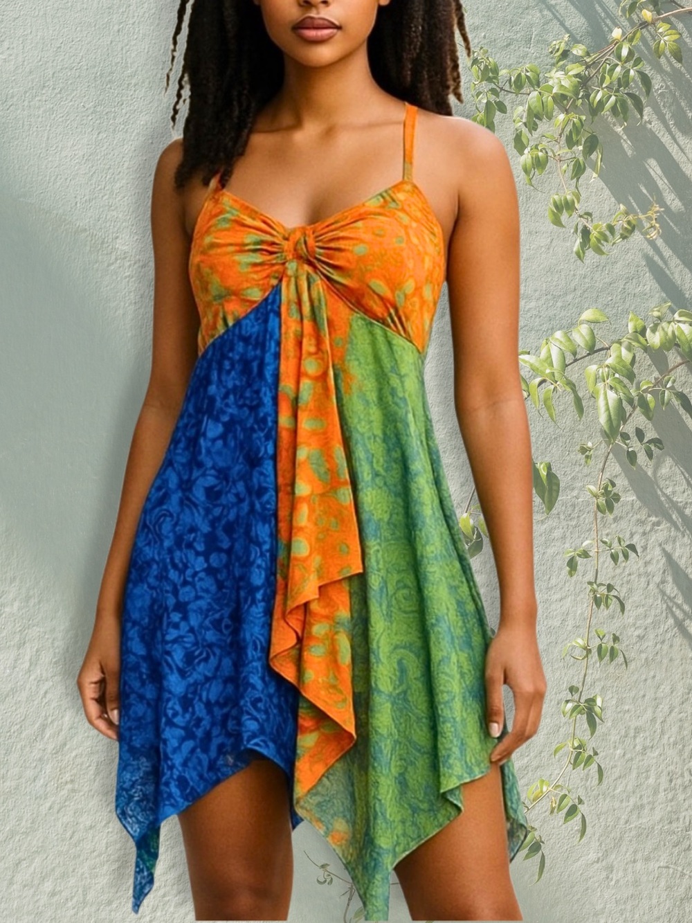 YOUNG FASHION DRESS Festival Spaghetti Strap Orange Blue Whimsical Fairycore OS